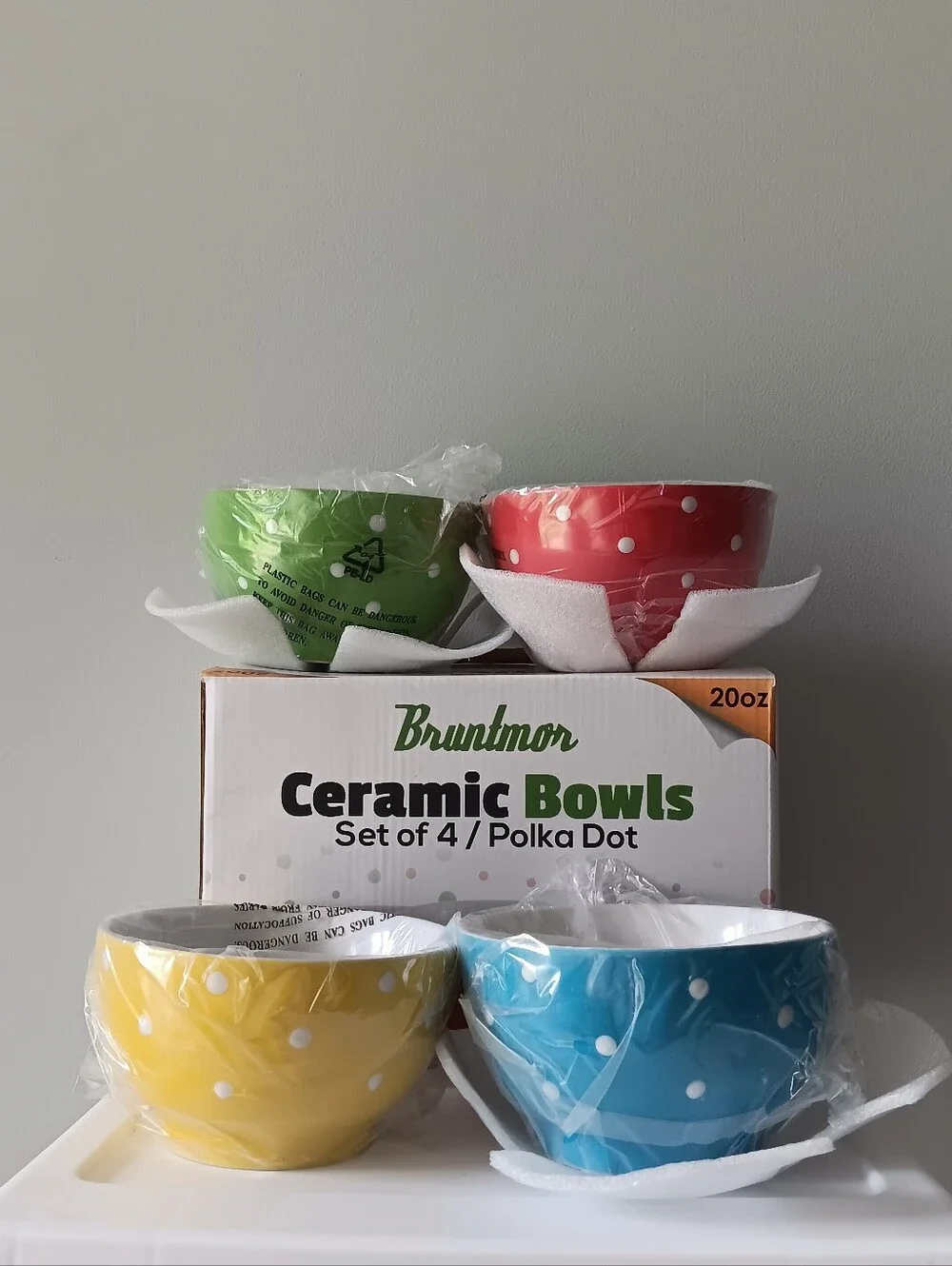 Bruntmor Ceramic Bowls Set Of 4 Polka Dots 20 Oz Red Blue Green Yellow White